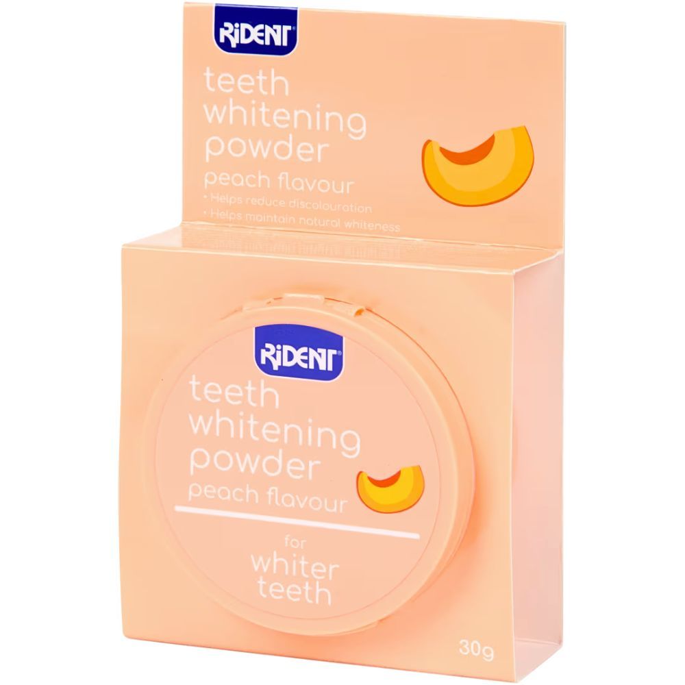 Zahnaufhellungspulver in Pfirsich-Geschmack. Verpackung mit Produktnamen und Pfirsich-Illustration. Marke RIDENT.