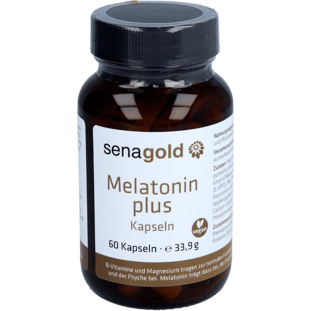 Braune Flasche mit senagold Melatonin plus Kapseln. Aufschrift: 60 Kapseln, vegan. Enthält B-Vitamine und Magnesium.