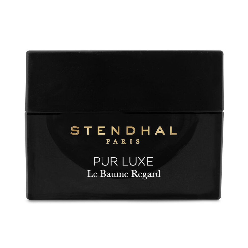 Schwarzer Tiegel mit goldfarbenem Schriftzug. Aufschrift: STENDHAL PARIS, PUR LUXE Le Baume Regard.