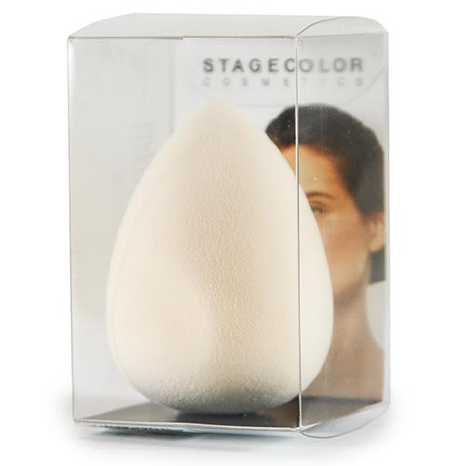 Make-up Blender in transparenter Verpackung. Tropfenförmiger, beigefarbener Schwamm. Auf der Verpackung steht Stagecolor Cosmetics.
