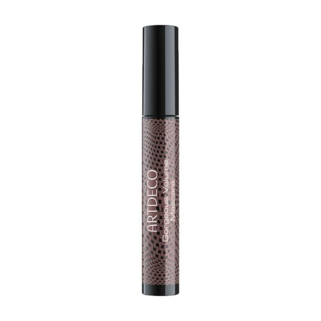 Artdeco Gorgeous Volume Mascara. Braune Mascarahülse mit schwarzem Deckel und Produktbezeichnung.