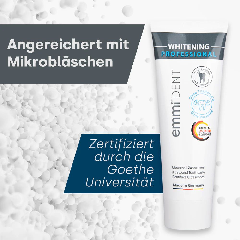 Zahncreme-Tube emmi-dent, Whitening Professional. Zertifiziert durch die Goethe-Universität. Enthält Mikrobläschen. Hergestellt in Deutschland.