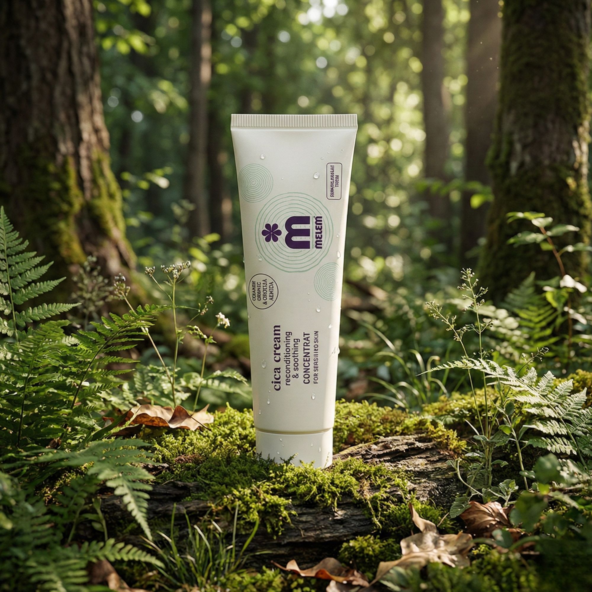 Creme-Tube mit Produktnamen und Logo. Aufschrift: Cica Cream Konzentrat. Für empfindliche Haut. Auf einem Baumstamm im Wald.