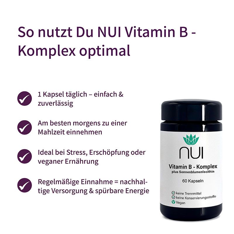 NUI Vitamin B-Komplex Flasche. Schwarzer Deckel, weißes Etikett. 60 Kapseln. Einnahme: 1 Kapsel täglich, ideal morgens.