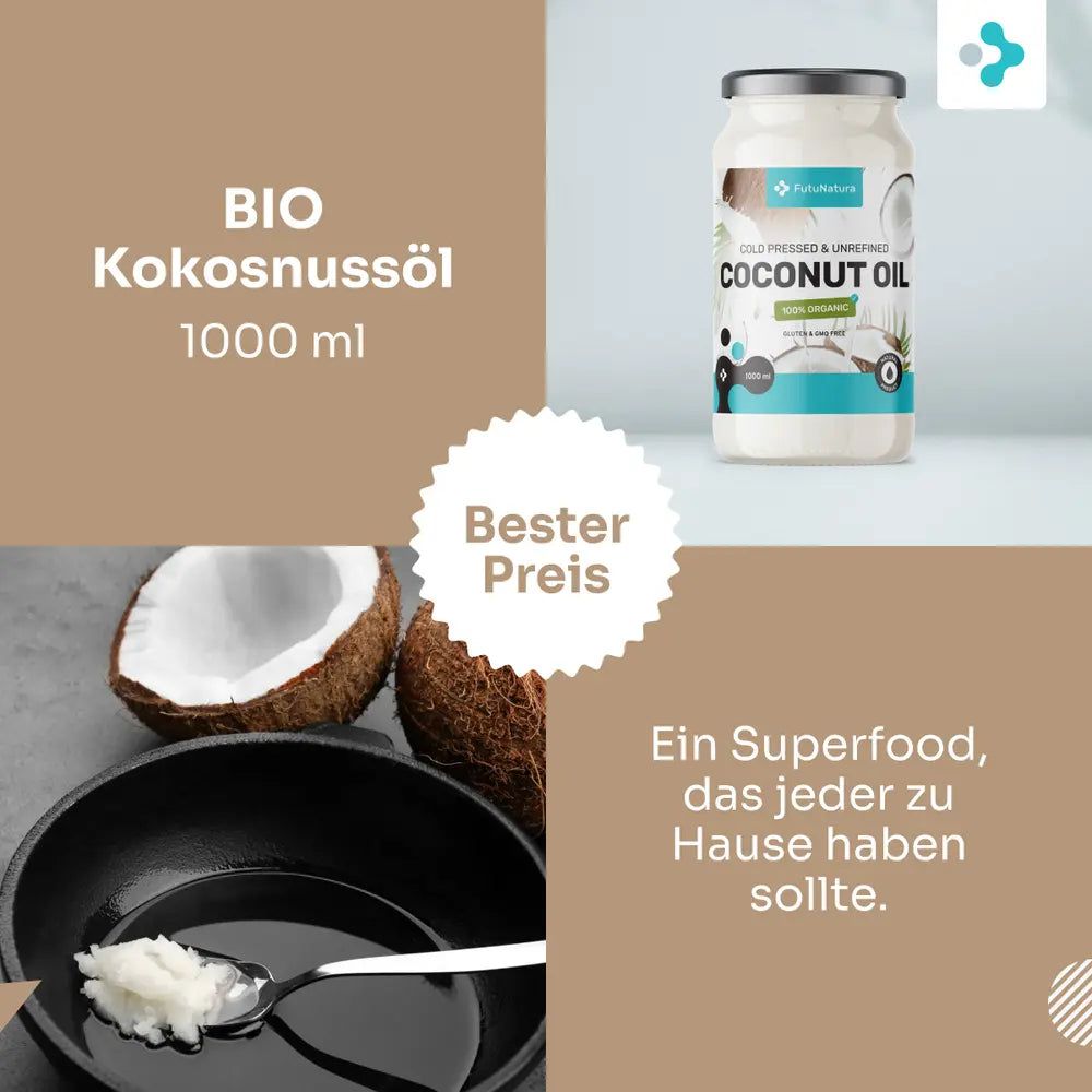 FutuNatura BIO Kokosöl im Glas. Daneben Kokosnuss und Öl in Pfanne. Text: BIO Kokosnussöl, 1000 ml, Bester Preis, Superfood.