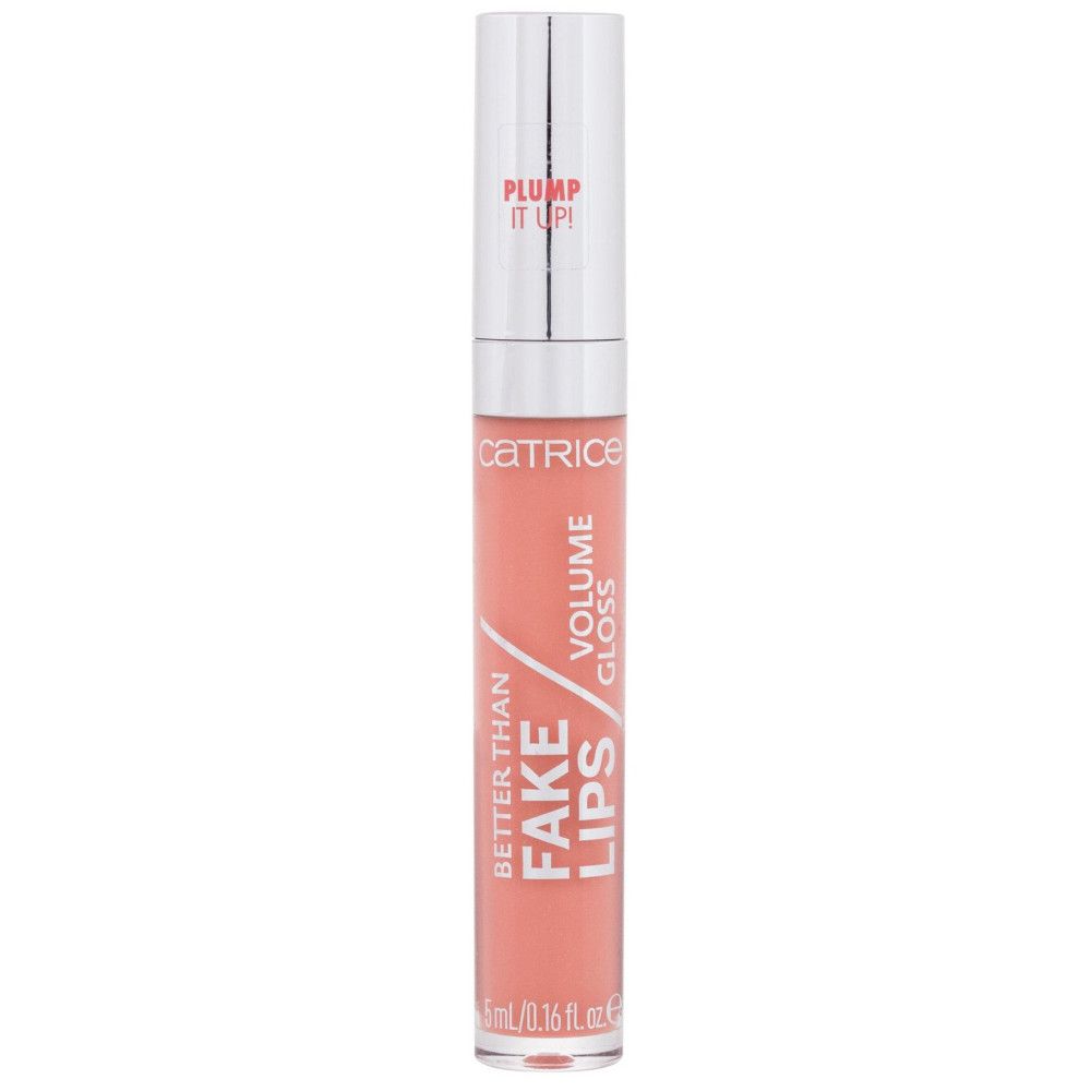 Lipgloss-Tube mit silbernem Deckel. Aufschrift: CATRICE, BETTER THAN FAKE LIPS, VOLUME GLOSS. Farbe: Rosa. Volumen: 5 ml.