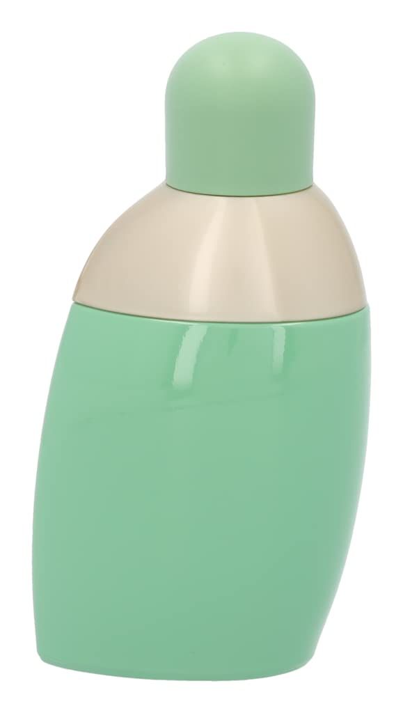 Grüne Parfumflasche mit hellgrünem Deckel. Beige-farbener Übergang. Abgerundete Form.