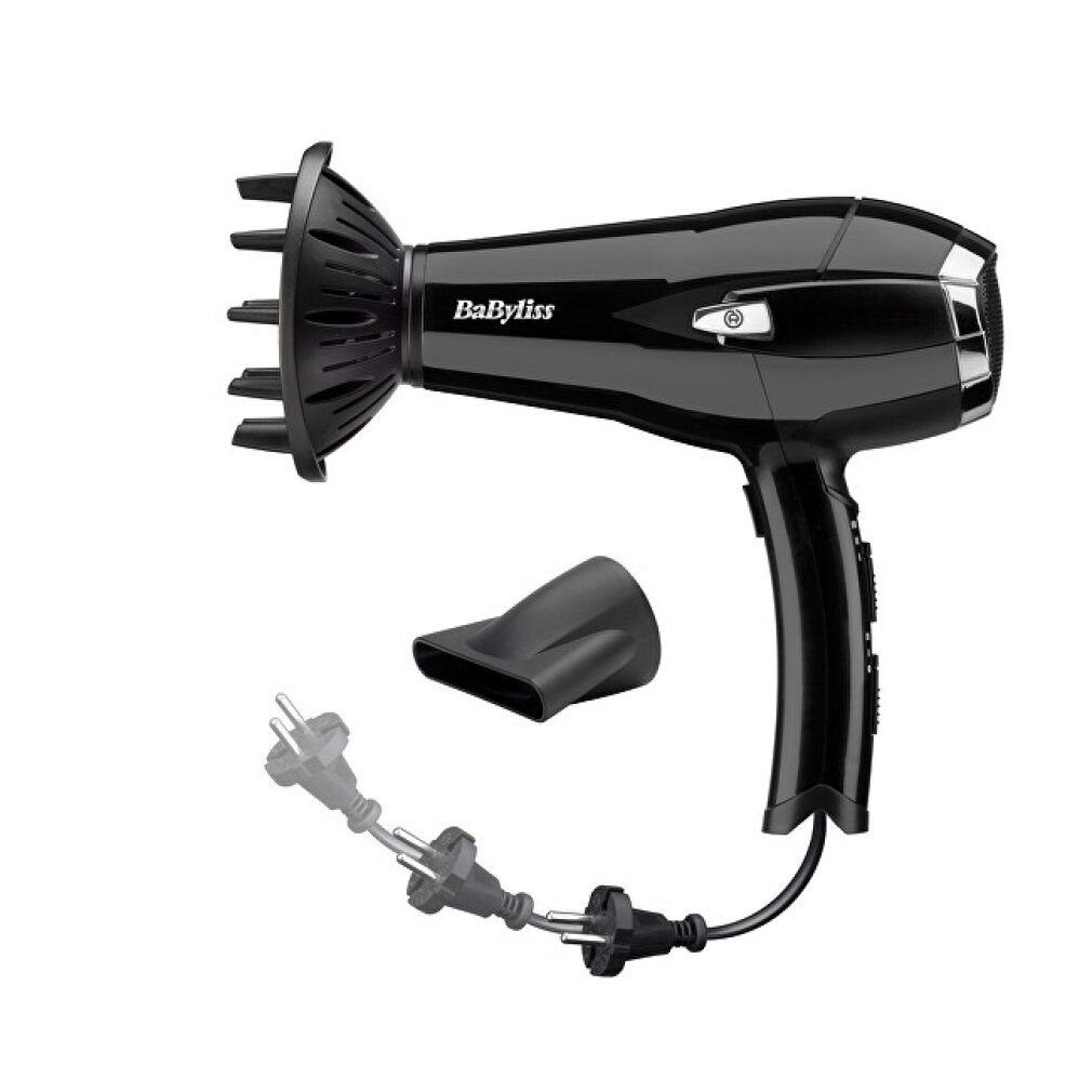 Schwarzer Haartrockner mit Diffusor und Düse. Marke BaByliss. Netzkabel mit Stecker.