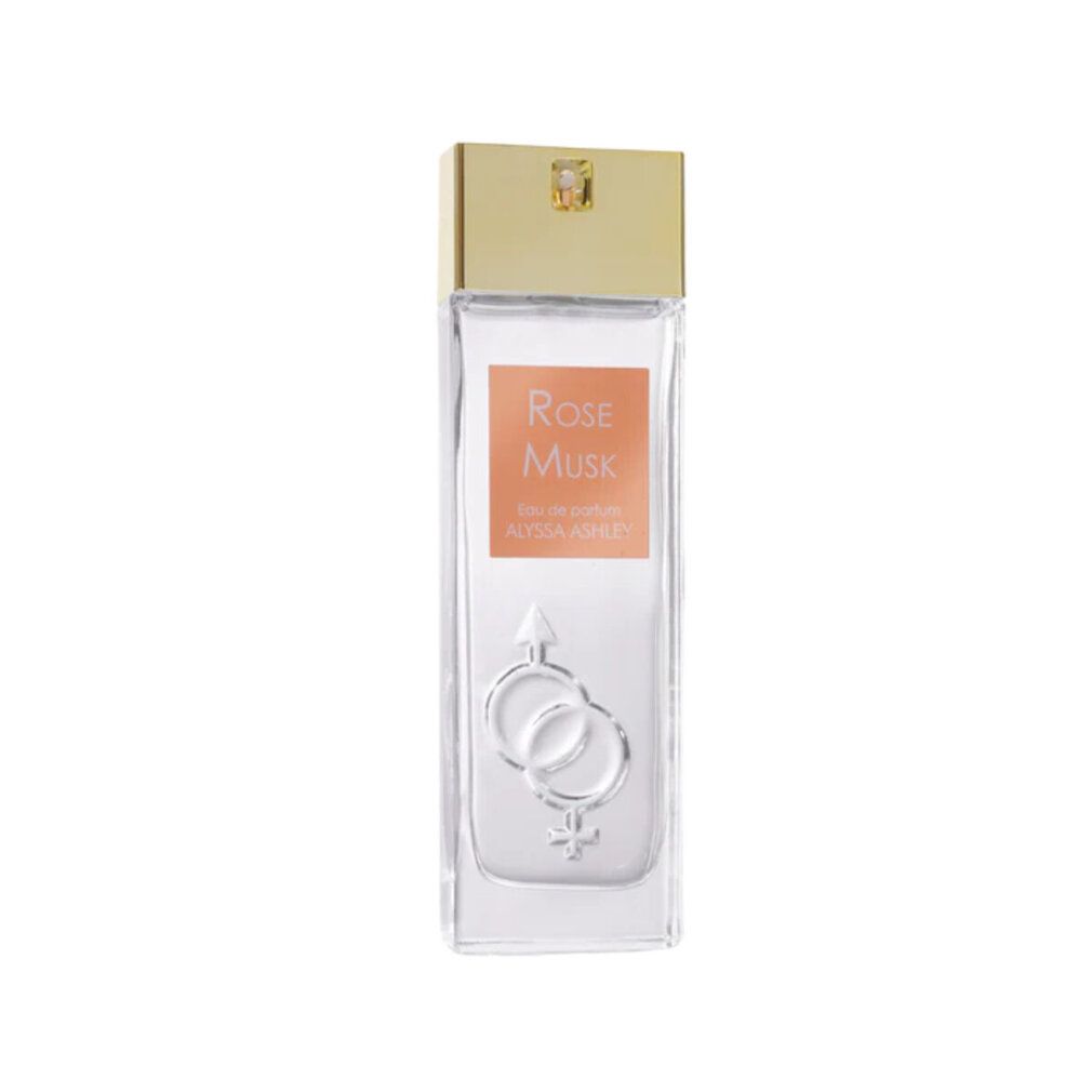 Rechteckiger Flakon mit goldfarbenem Deckel. Aufkleber mit "Rose Musk" und "Alyssa Ashley". Unterhalb, zwei ineinander verschlungene Symbole.