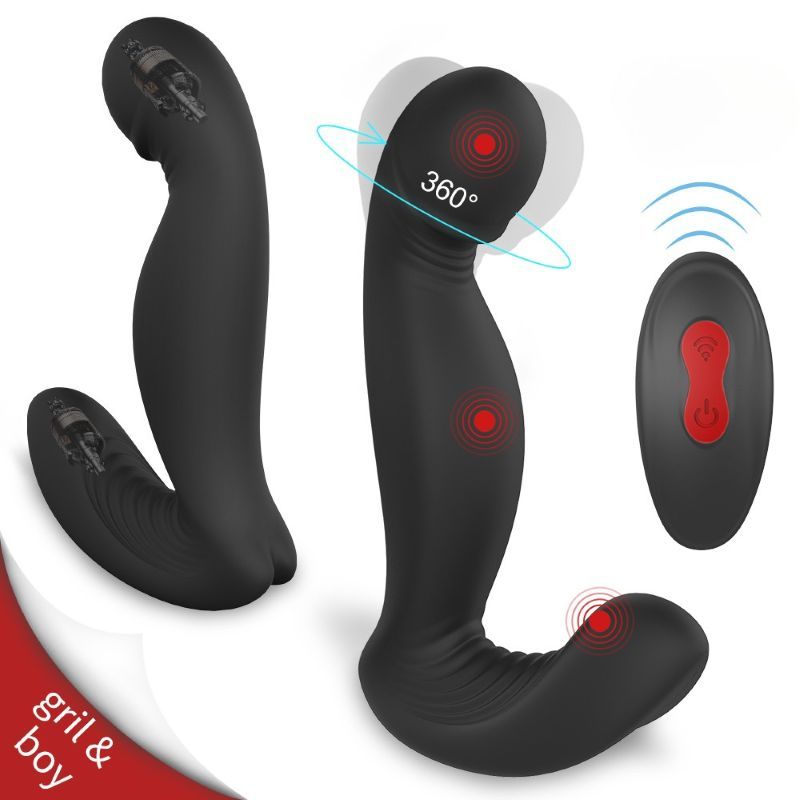 Schwarzer Vibrator mit roter Markierung und Fernbedienung. 360° Rotation angezeigt. Text: gril & boy.