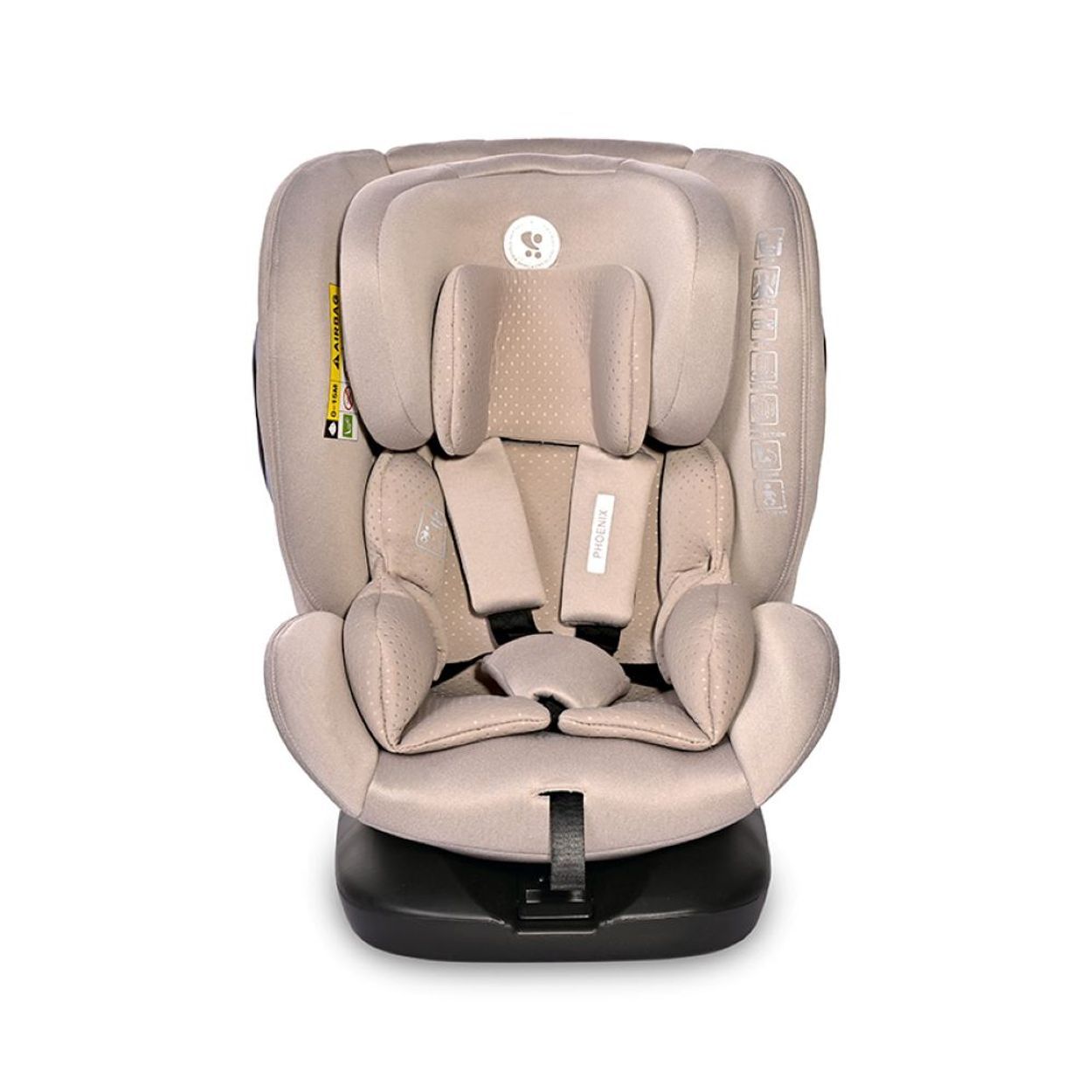 Beiger Kindersitz mit 5-Punkt-Gurt und Seitenaufprallschutz.