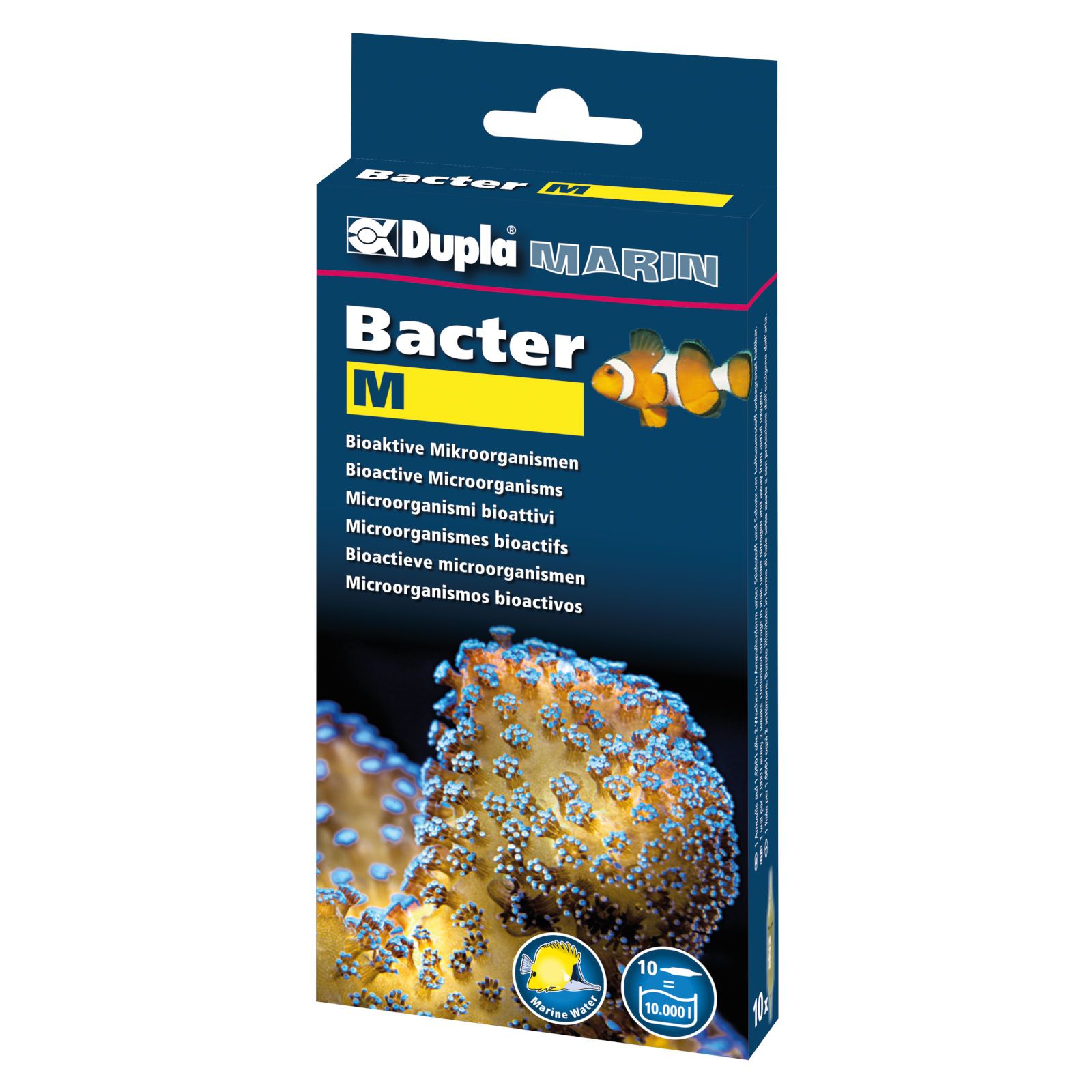 Verpackung von Dupla Marin Bacter M. Blaue Schachtel mit Produktnamen und Logo. Abbildung eines Clownfisches und Korallen.