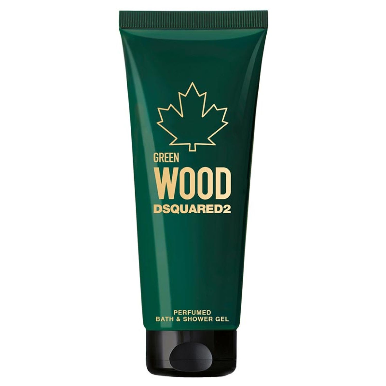 Grünes Dsquared2 Green Wood Duschgel. Goldener Ahornblatt-Logo. Text: Green Wood, Dsquared2. Schwarzer Verschluss.