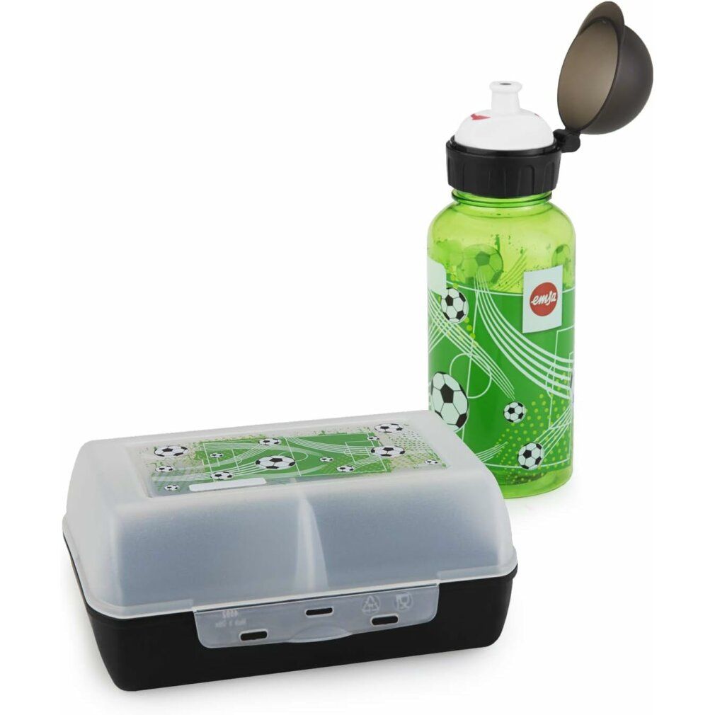 Trinkflasche und Clipbox. Fußball-Design. Marke EMSA. Beide Artikel nebeneinander.