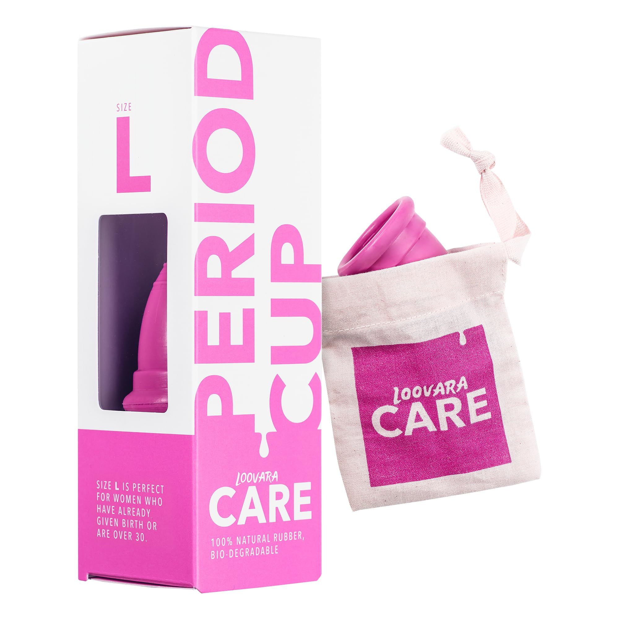 Verkaufsverpackung und Aufbewahrungsbeutel für eine rosa Menstruationstasse Größe L. Produktname: Loovara Care.