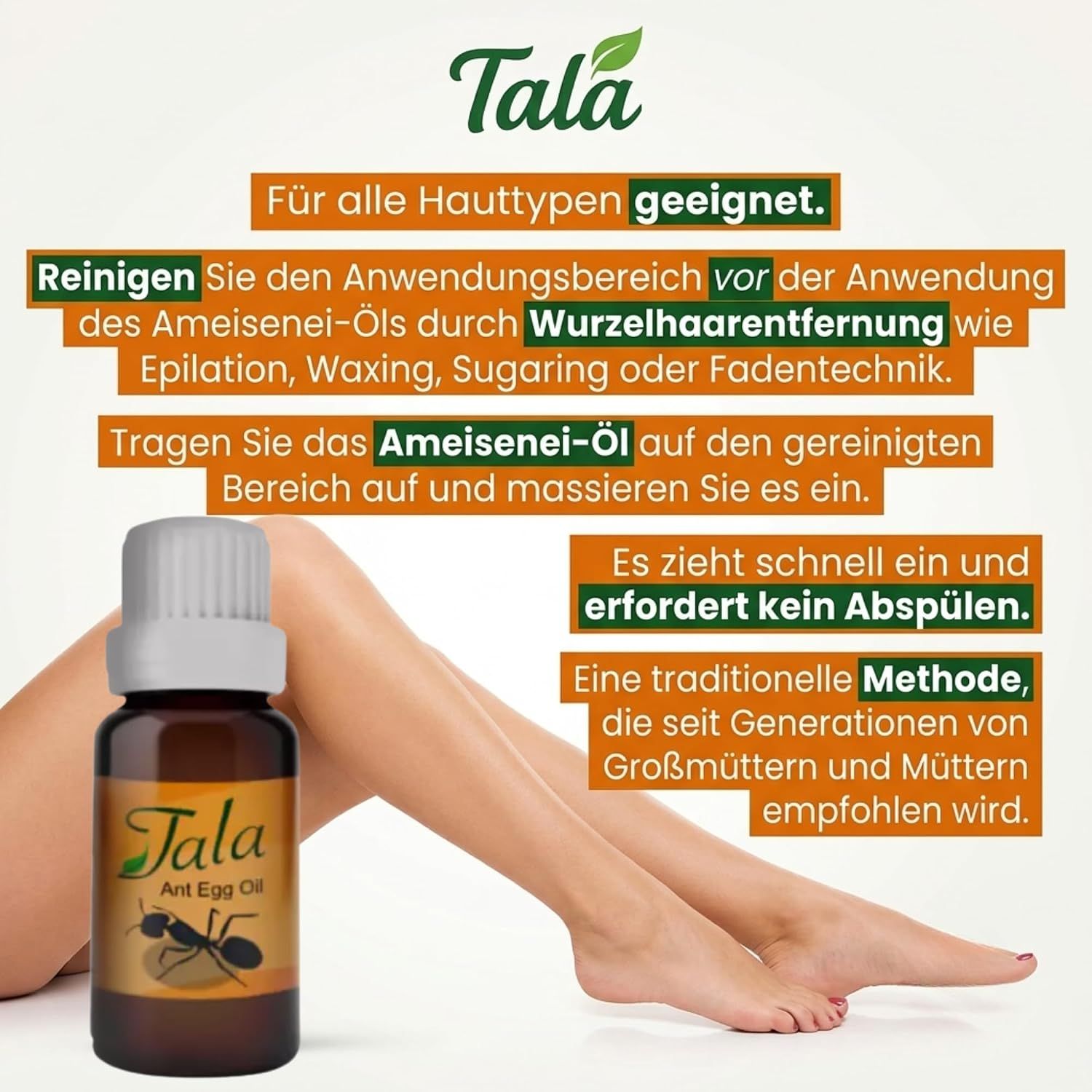Flasche Tala Ant Egg Oil vor einer Abbildung von Beinen, mit Text über Anwendung.