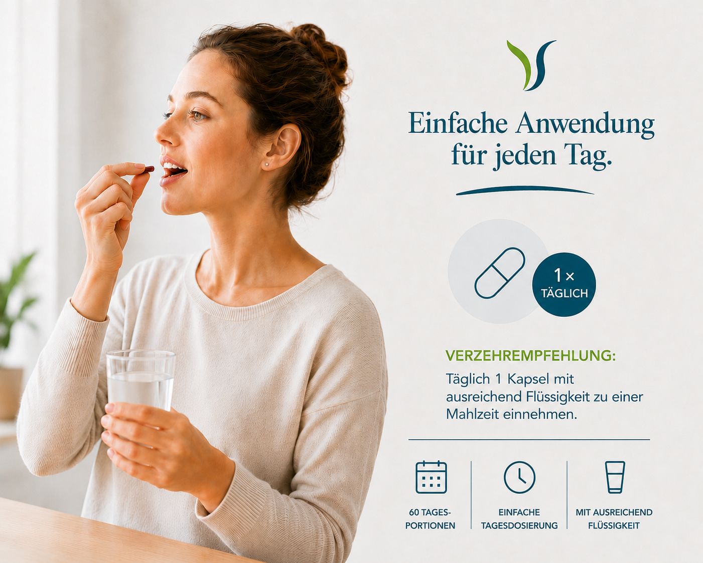 Frau nimmt eine Kapsel mit einem Glas Wasser ein.