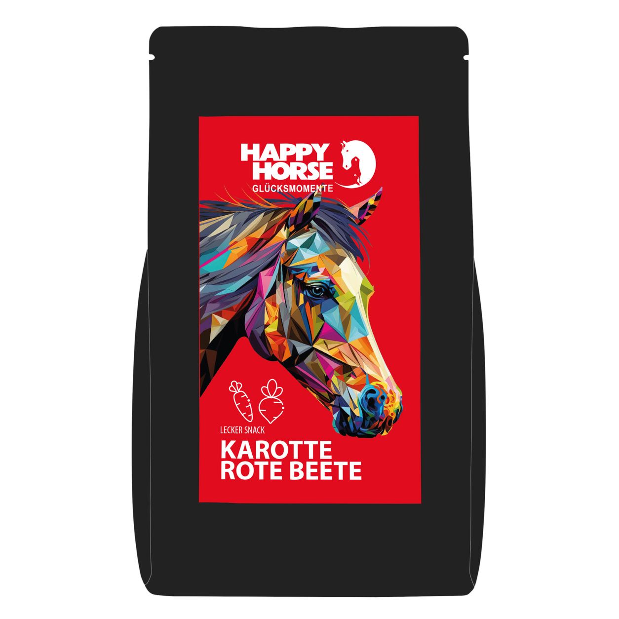 Schwarzer Beutel Happy Horse Lecker Snack Karotte Rote Beete mit buntem Pferde-Design und roten Akzenten.