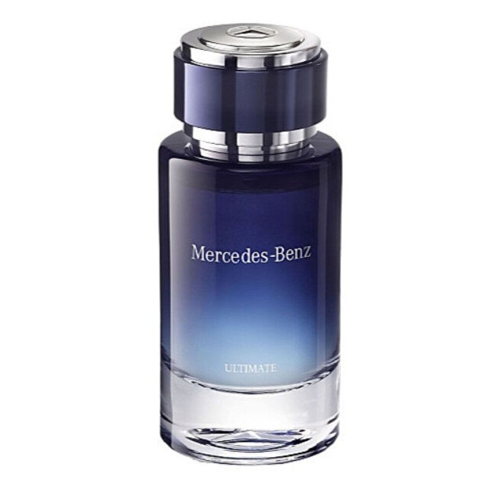 Flakon mit blauem Farbverlauf. Silberner Deckel. Schriftzug Mercedes-Benz und Ultimate.