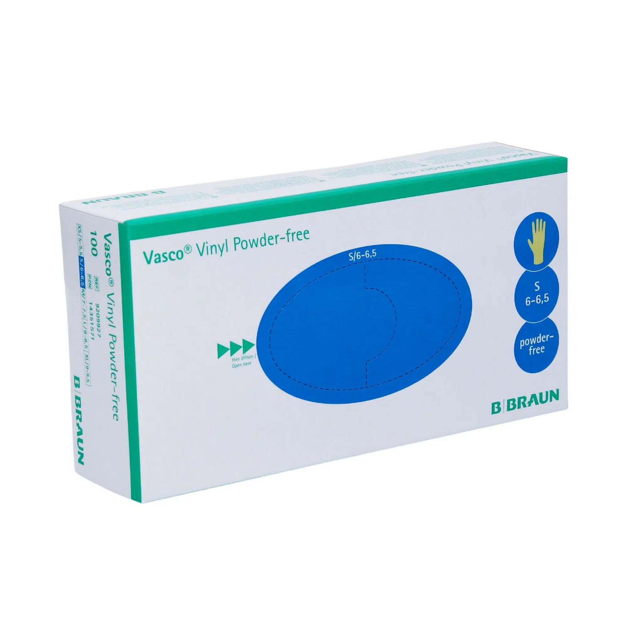 Confezione di guanti monouso B. Braun Vasco® Vinyl Powder-free. Scatola bianca con ovale blu e dettagli verdi. Taglia S/6-6.5. Marchio B. Braun.