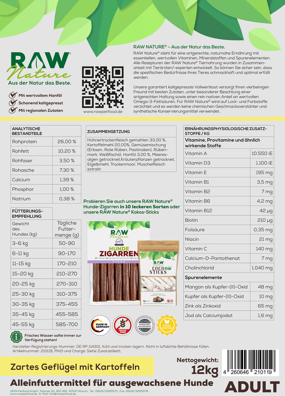 RAW Nature kaltgepresstes Trockenfutter ADULT Huhn Pur