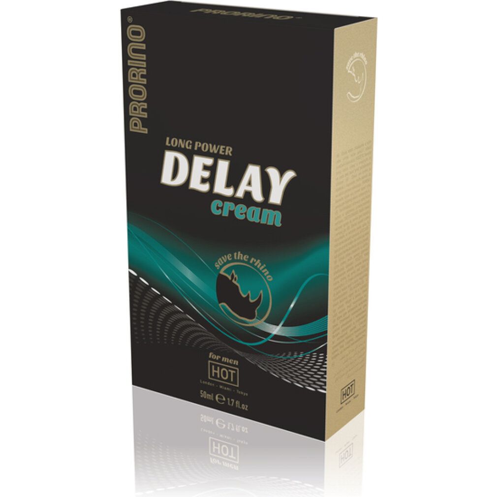 Schwarze Verpackung mit Produktnamen und Logo. Türkis-weiße Designelemente. Aufschrift: DELAY cream.