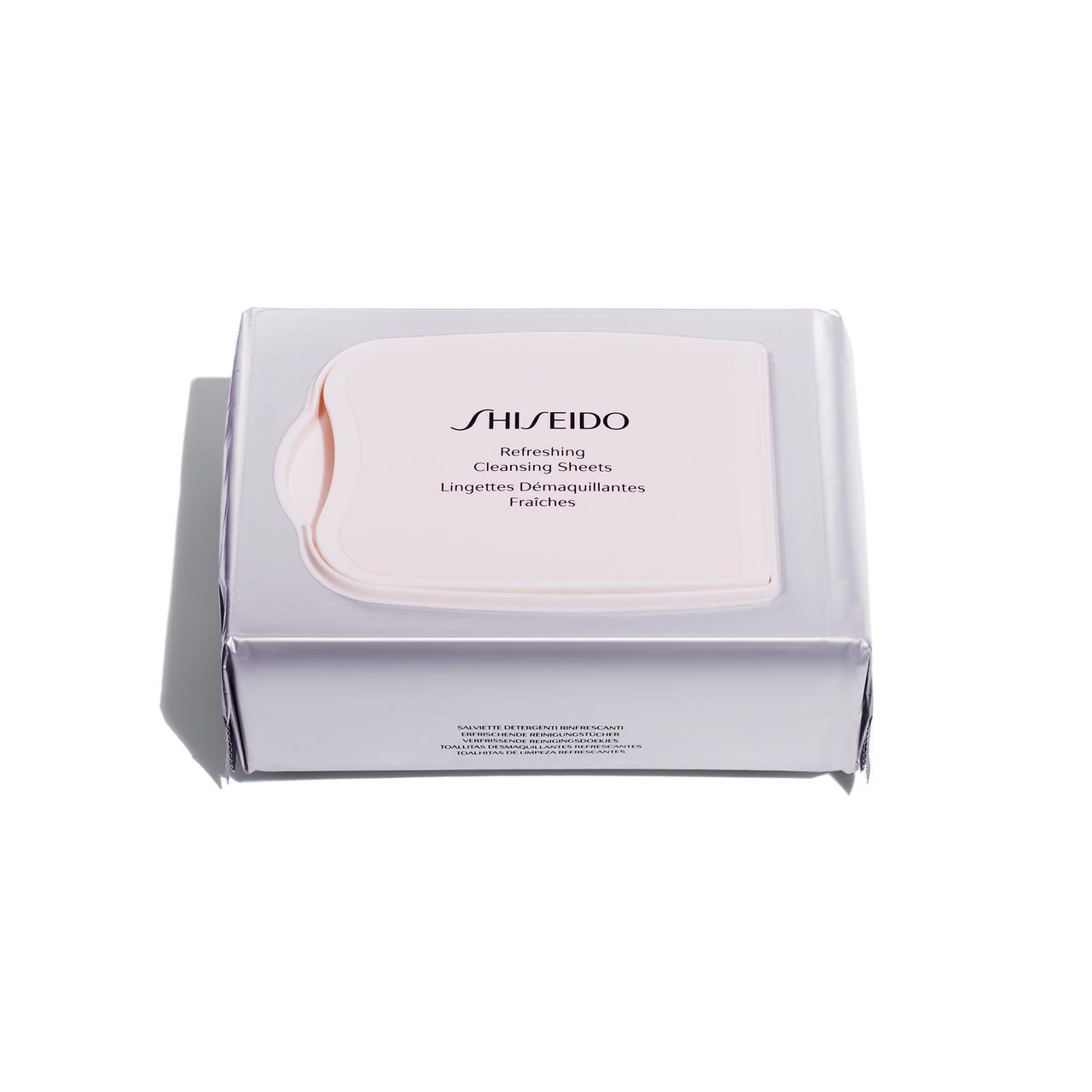 Shiseido Reinigungstücher. Rechteckige Verpackung mit Deckel. Text: Refreshing Cleansing Sheets. Logo.