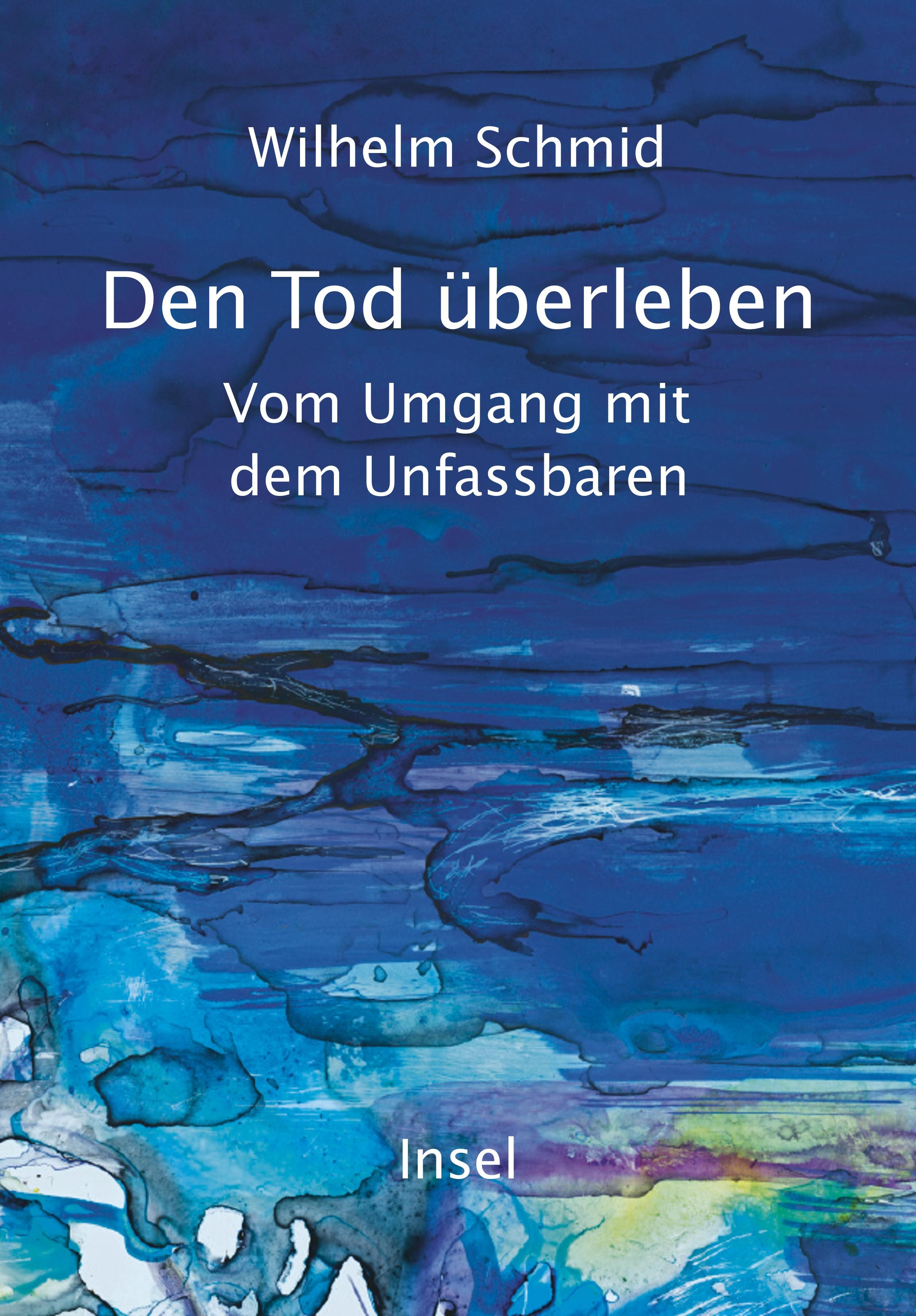 Buchcover: "Den Tod überleben" von Wilhelm Schmid. Blauer Hintergrund mit abstrakten Wasserfarben. Titel und Autor deutlich sichtbar.