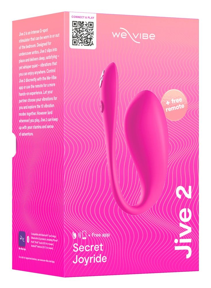 Rosa Vibrator in Verpackung. Aufschrift "Jive 2" und "We-Vibe". Enthält Fernbedienung. QR-Code und Text auf der Verpackung.