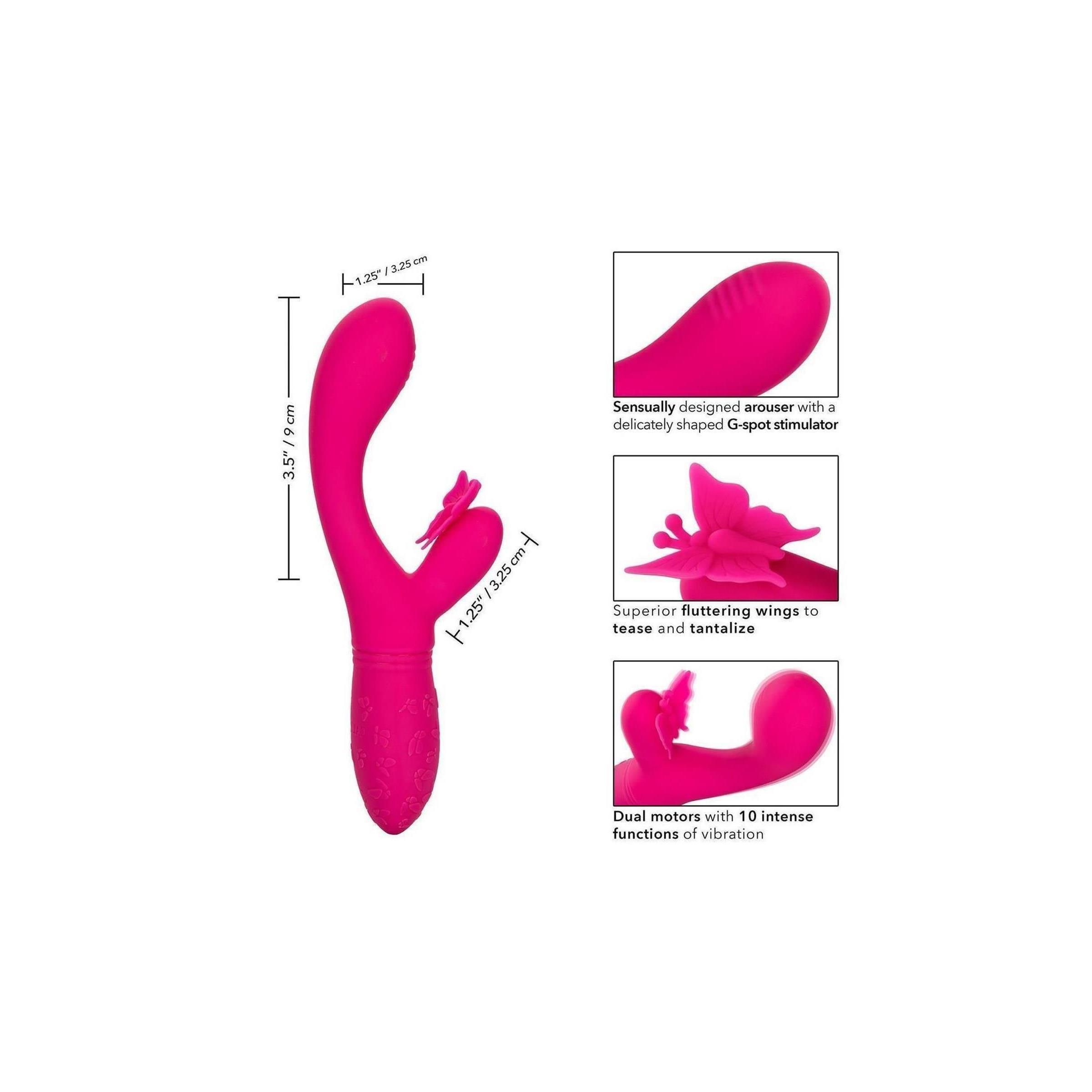 Rosa Vibrator mit Schmetterlingsdesign. Abmessungen und Produktmerkmale. Weißer Hintergrund.