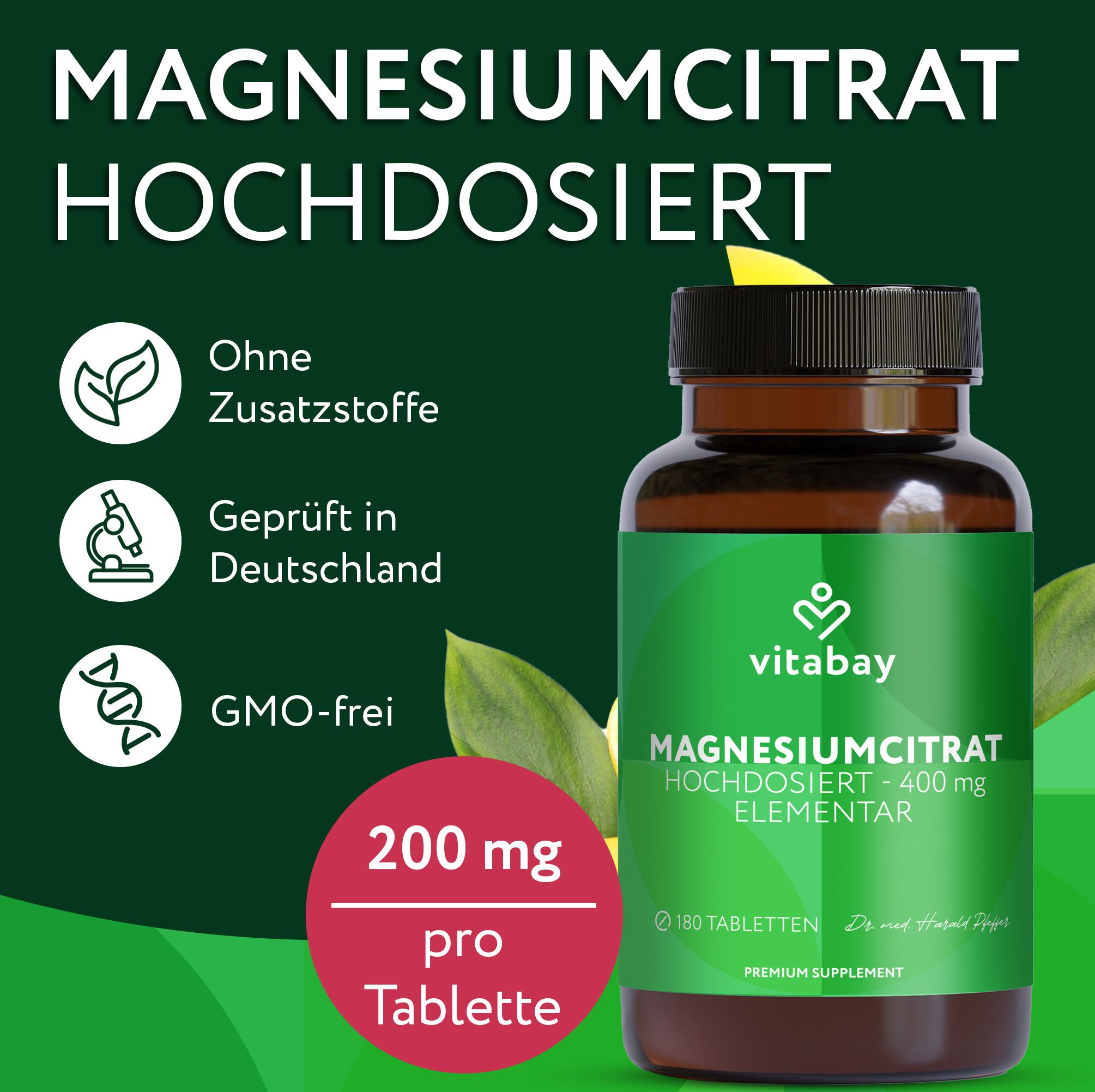 Braune Glasflasche mit grüner Etikett. Text: Magnesiumcitrat 400 mg. 180 Tabletten. 200 mg pro Tablette. Vitabay-Logo.