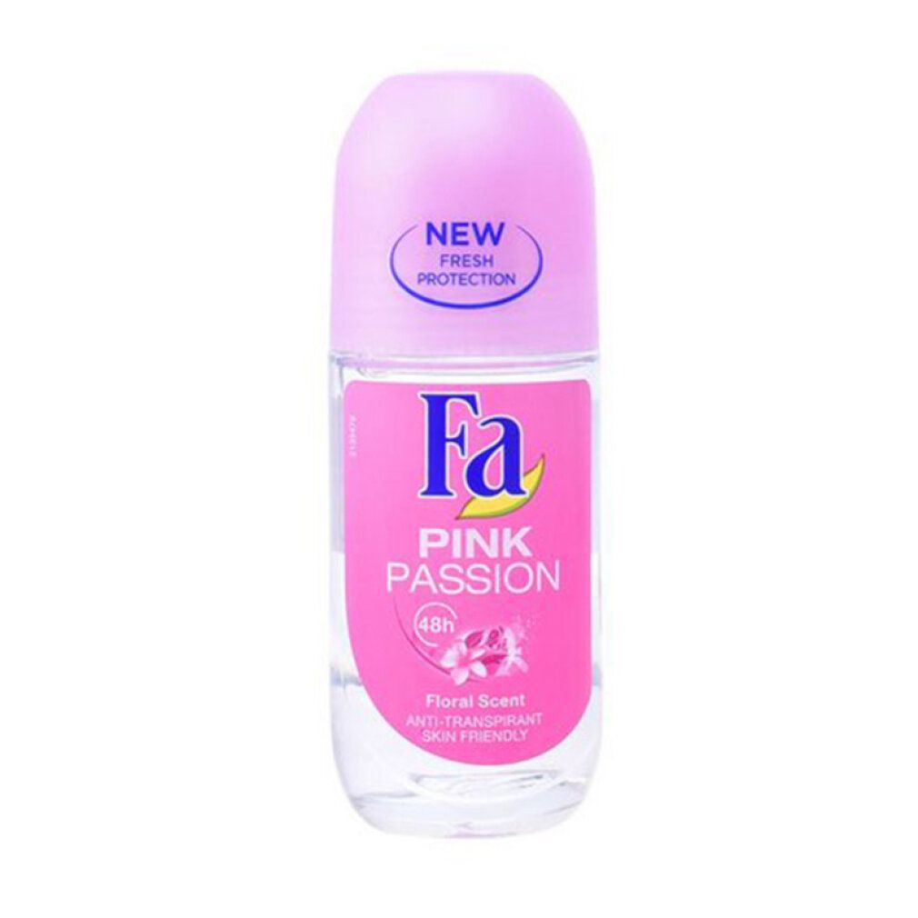 Roll-on-Deodorant. Rosa Flasche mit pinkfarbenem Deckel. Aufschrift: Fa Pink Passion, Floral Scent, 48h. Mit „New Fresh Protection“.