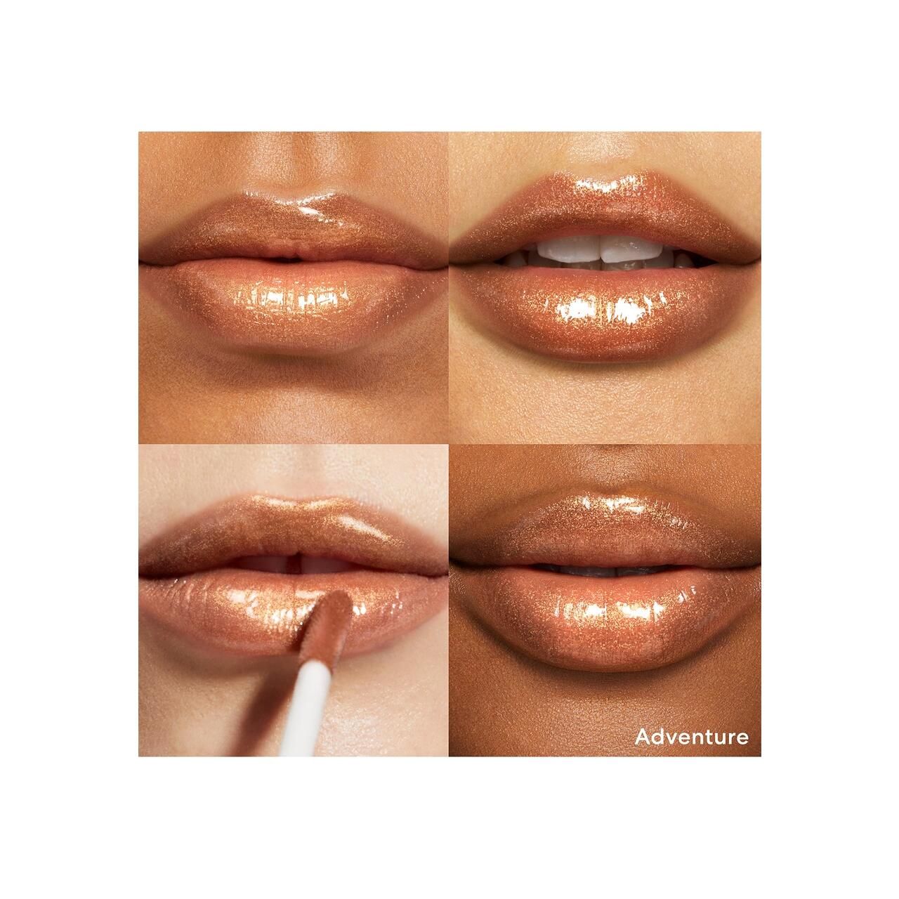 Vier Lippen-Nahaufnahmen mit Gloss. Farbton Adventure. Der Gloss wird mit einem Applikator aufgetragen.