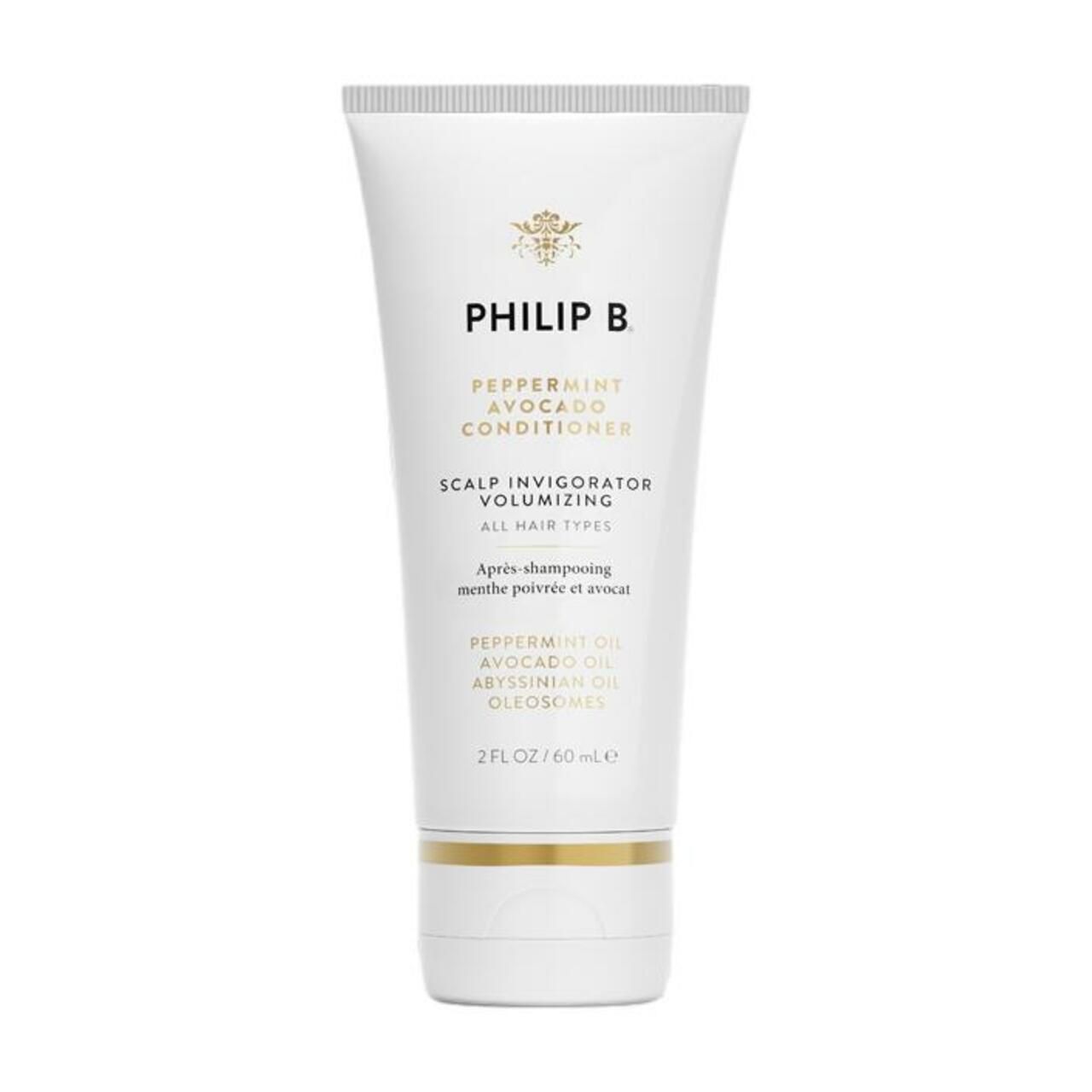 Weiße Tube mit goldfarbenen Akzenten. Aufschrift: PHILIP B, Peppermint Avocado Conditioner. Enthält 60 ml.