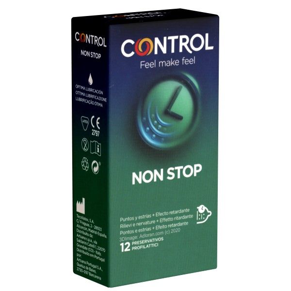 Verpackung mit Produktnamen 'Control Non Stop Dots & Lines'. 12 Kondome. Logo 'Control' und 'Feel make feel'.