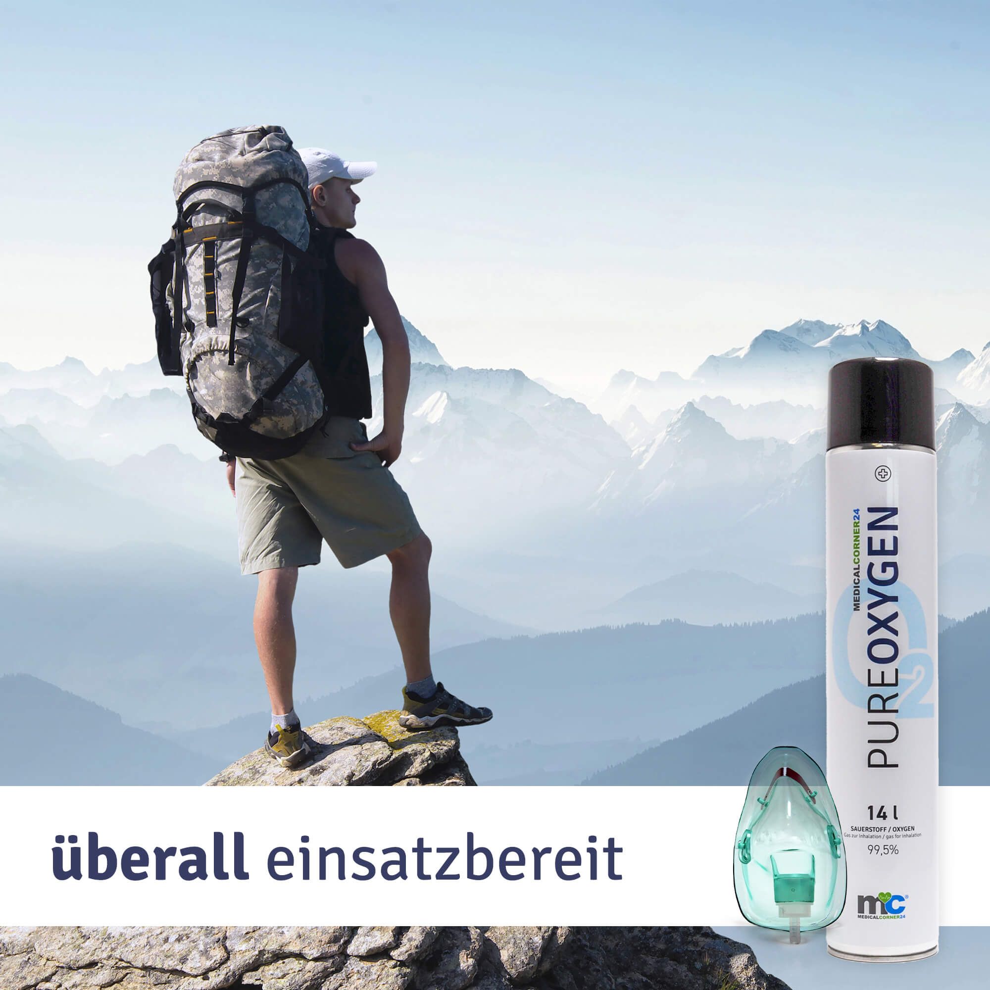 Sauerstoffflasche 14L neben Bergsteiger mit Rucksack in Berglandschaft.