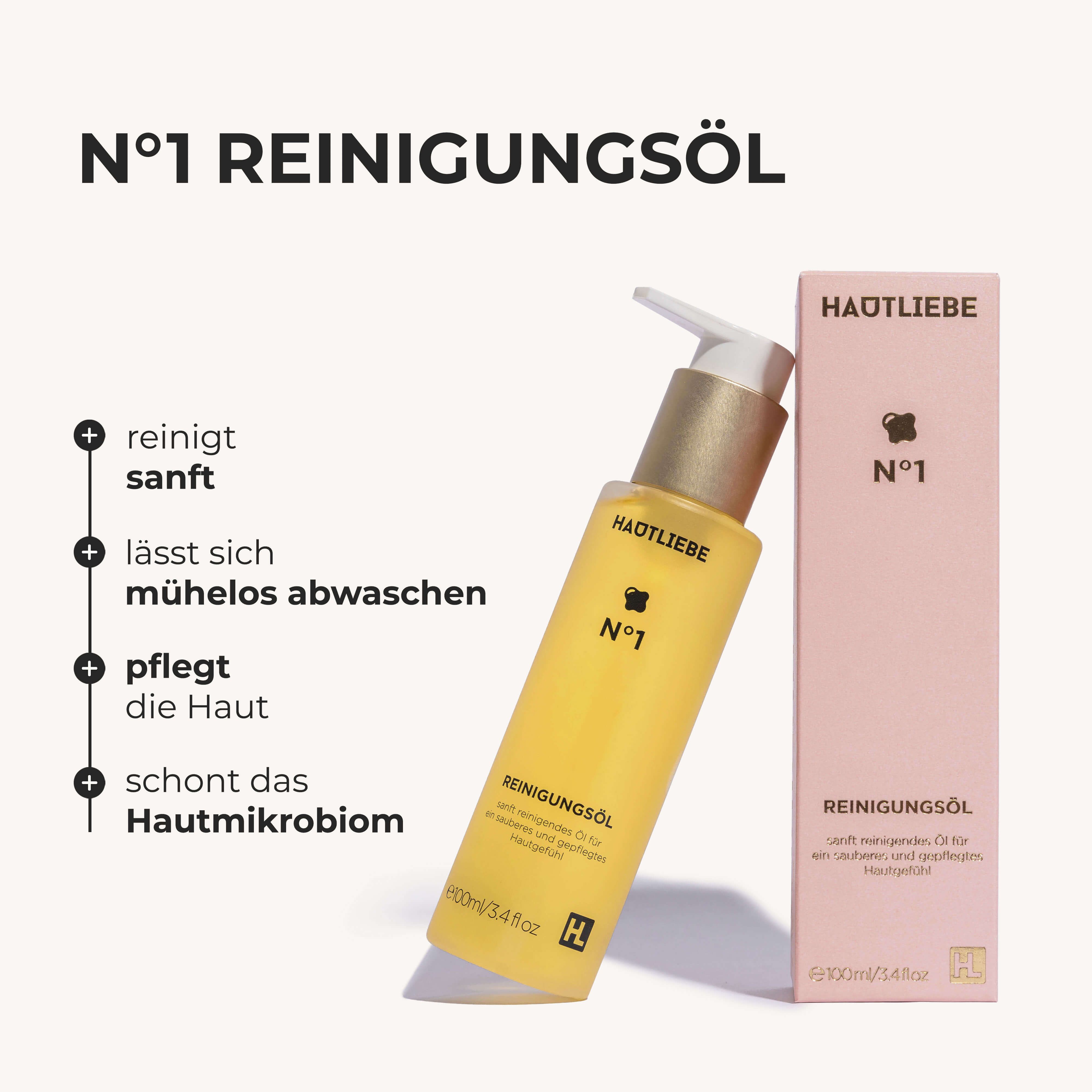 Hautliebe N°1 Reinigungsöl mit Verpackung. Flasche mit Spender, Text: N°1, Reinigungsöl, e100ml/3.4 fl oz. Text: reinigt sanft, etc.