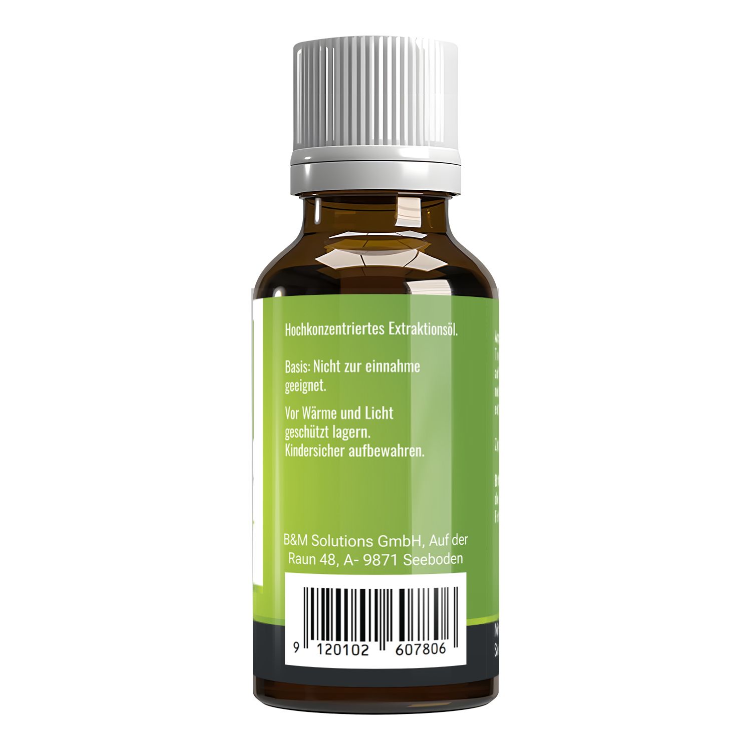 Rückseite einer braunen Glasflasche mit weißem Deckel und grünem Etikett. Text: Nicht zur Einnahme geeignet. Barcode und Adresse.