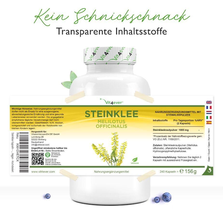 Vit4ever Steinklee Kapseln, Flasche mit Text: 240 Kapseln, 156g. Aufkleber mit Inhaltsstoffen und Nährwertangaben.