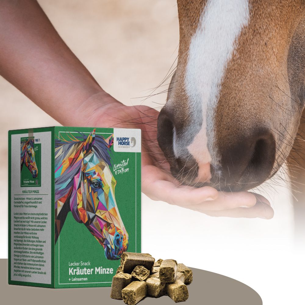 Grüne Verpackung mit Produktnamen und Pferdeabbildung. Braune Leckerlis werden von einer Hand angeboten. Ein Pferd nimmt sie an.