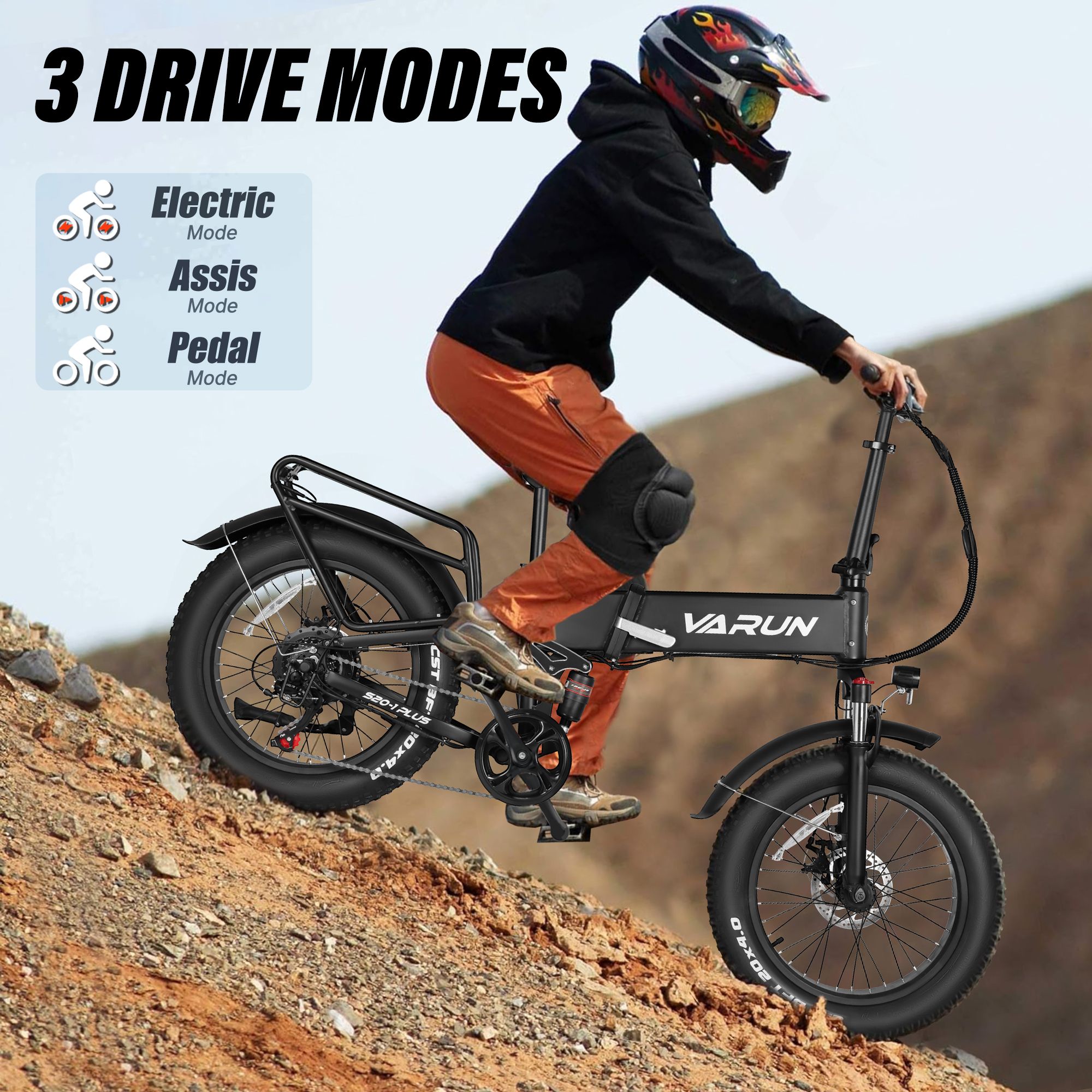 Person fährt ein faltbares E-Bike VARUN S20-2. 3 Fahrmodi: Elektro, Assist, Pedal. Gelände.