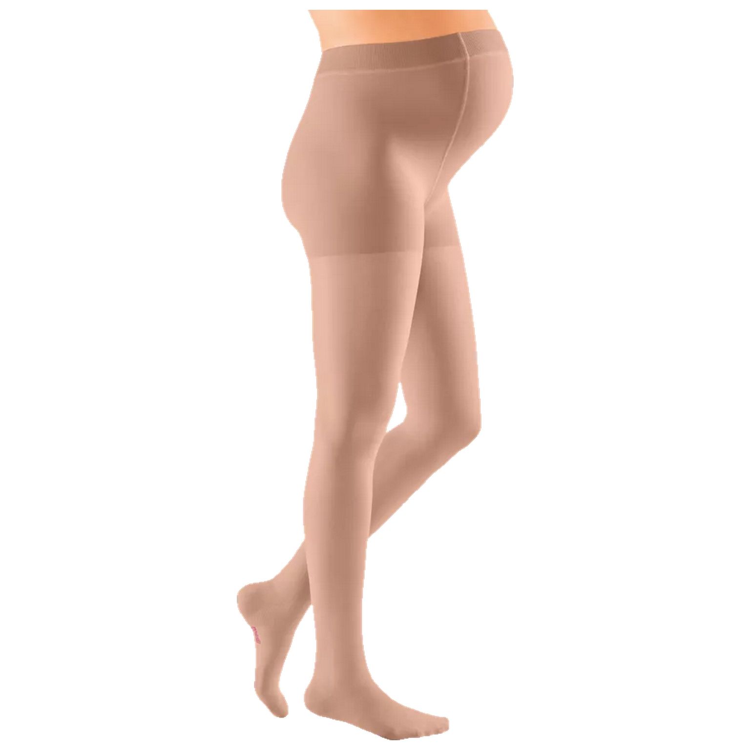 Hautfarbene Kompressions-Umstandshose. Seitliche Ansicht einer Person mit Schwangerschaftsbauch. Strumpfhose bedeckt Beine.