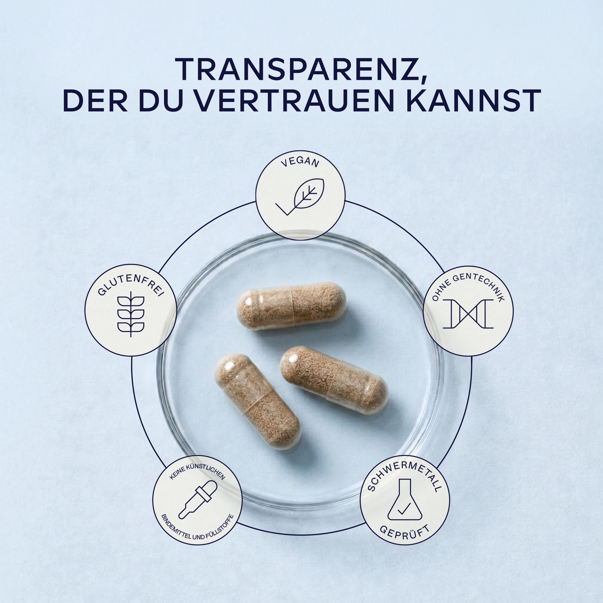 Drei Aavalabs Biotin Komplex Kapseln auf einer Petrischale, umgeben von Icons.