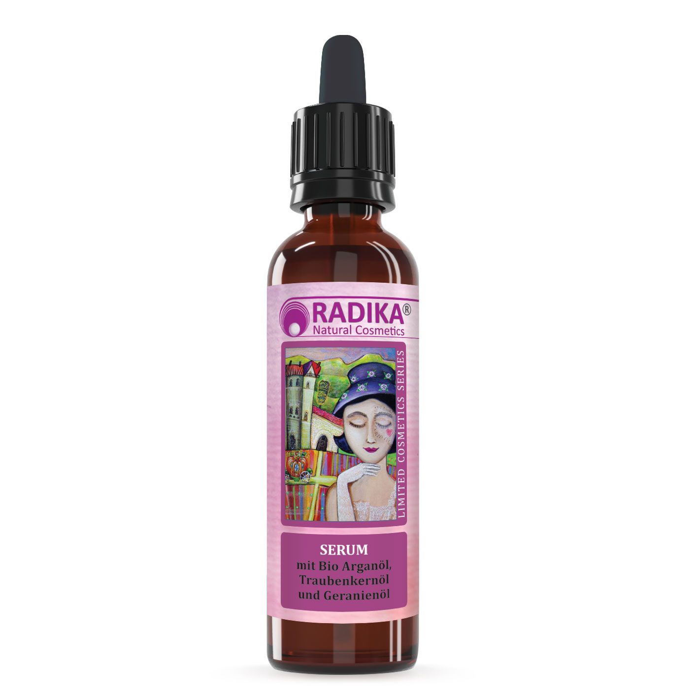 Etikett mit Produktinformationen. Marke: Radika Natural Cosmetics. Text: Serum mit Bio Arganöl, Traubenkernöl und Geranienöl. Enthält Inhaltsstoffe wie Argania Spinosa Kernel Oil.