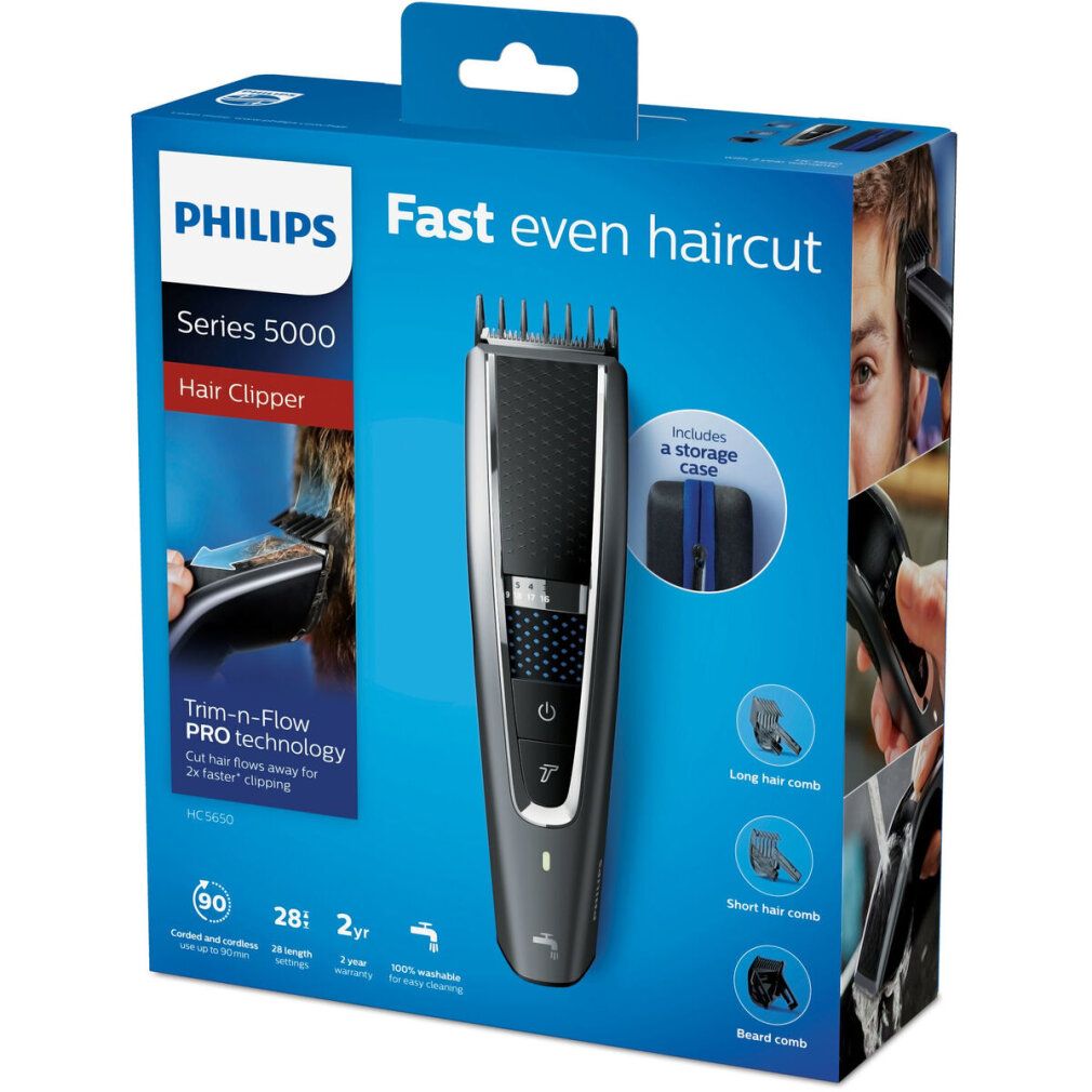 Verpackung Philips Haarschneider Series 5000. Enthält Haarschneider, Aufsätze und Zubehör. Text: Fast even haircut, Series 5000, Hair Clipper.