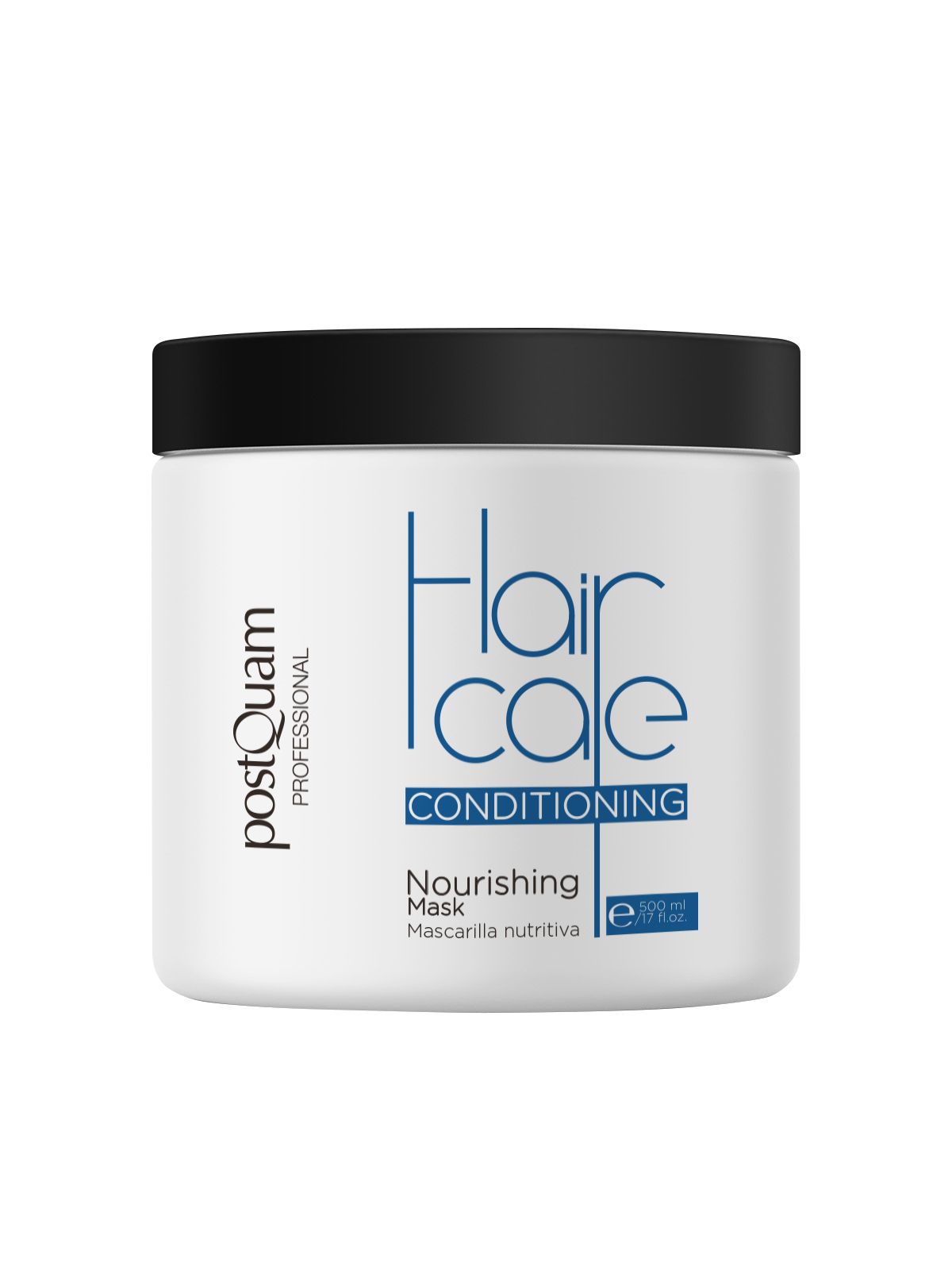 Weißer Tiegel mit schwarzem Deckel. Aufschrift: Hair Care Conditioning, Nourishing Mask. Marke: Postquam.
