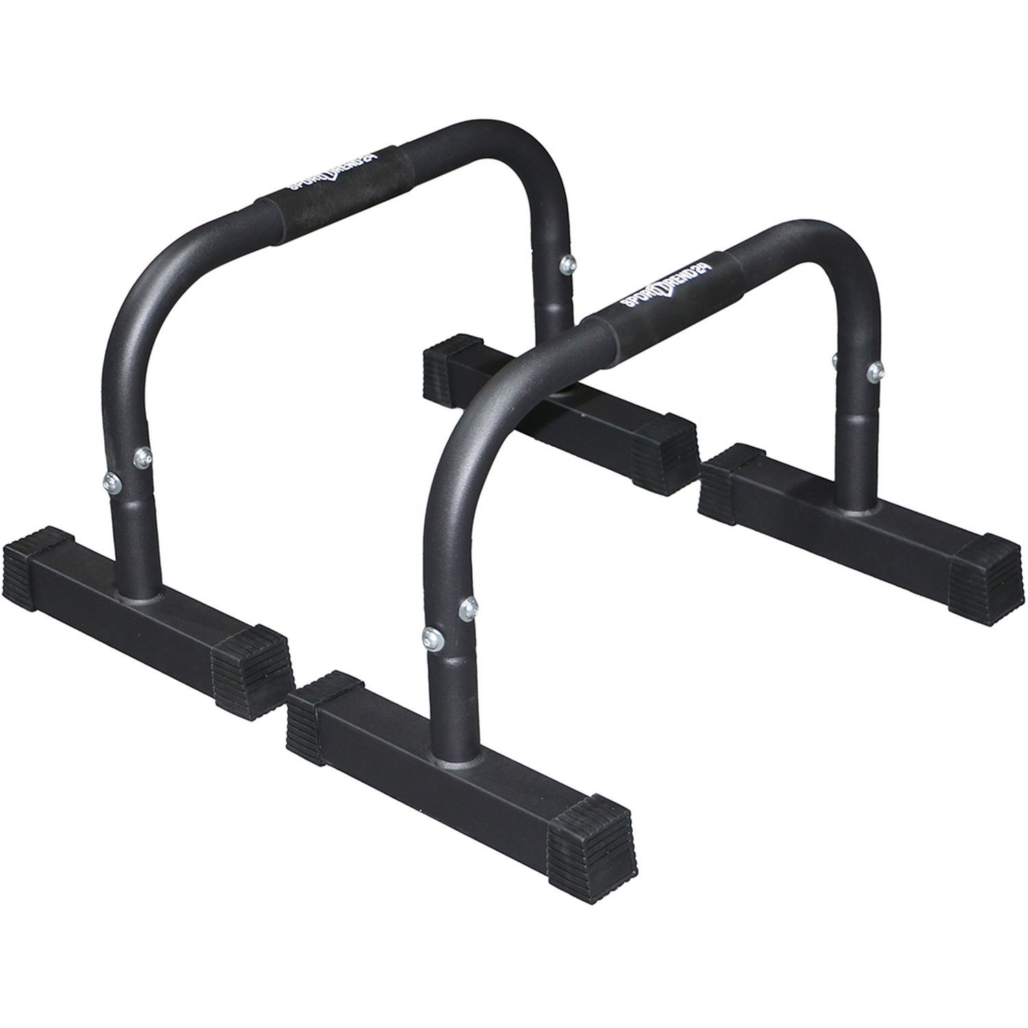 Zwei schwarze Parallettes. Metallkonstruktion mit gebogenen Griffen und rechteckigen Standfüßen. Sporttrend24-Logo sichtbar.