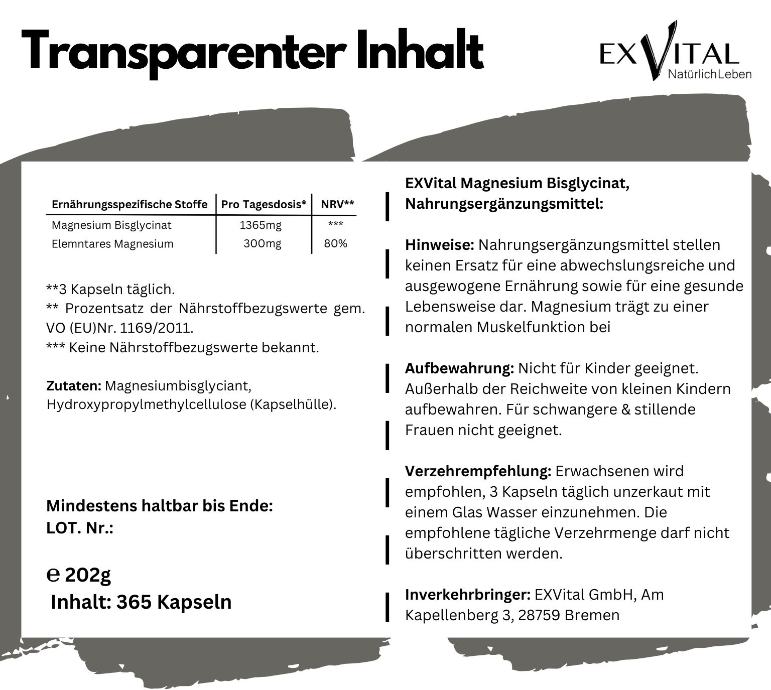 Textfeld mit Informationen zu EXVital Magnesiumbisglycinat. Enthält Nährwertangaben, Hinweise und Inhaltsstoffe.