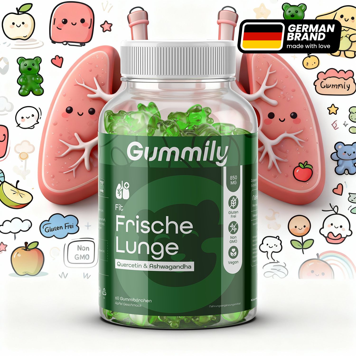 Glasflasche mit grünen Gummibärchen. Aufschrift: Fit Frische Lunge. Enthält Quercetin & Ashwagandha. German Brand.