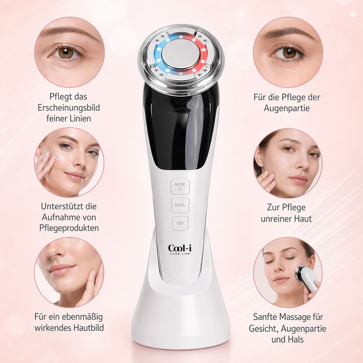 Hautpflegegerät mit Frauengesicht. Text: Für Augenpartie, unreine Haut, ebenmäßiges Hautbild. Gerät auf Ladestation.